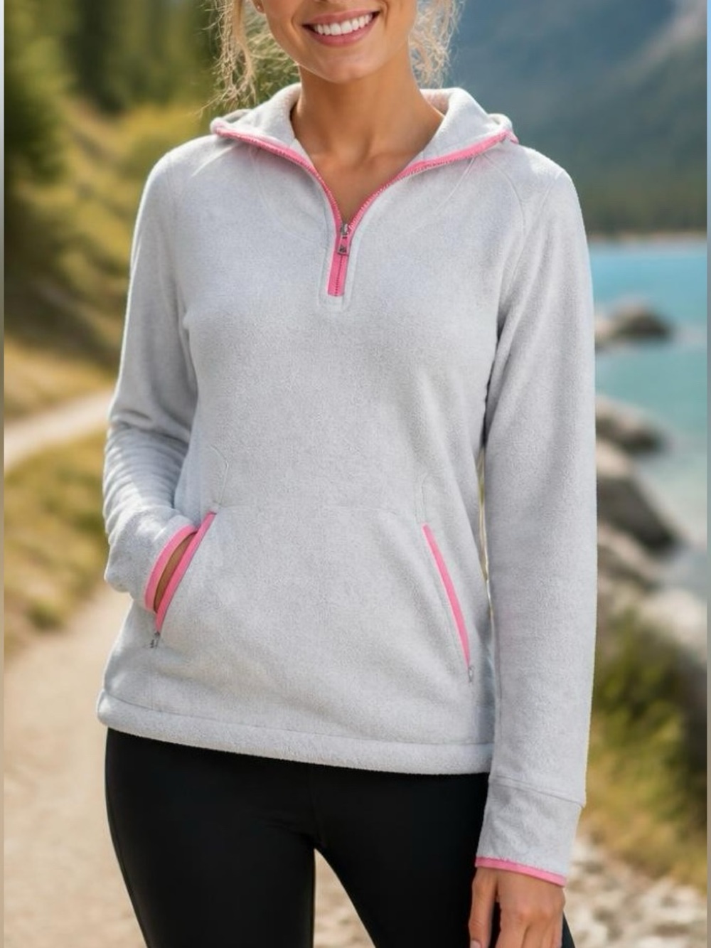 Avalanche Grey/Pink 1/4 Zip Fleece Hooded Pullover